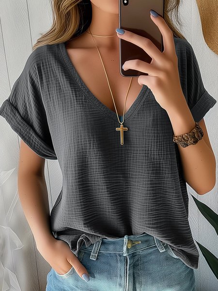 

Women's Short Sleeve Blouse Summer Plain Cotton V Neck Daily Going Out Casual Top Black, Gray, Shirts & Blouses
