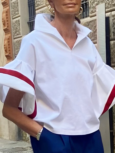 

Loose Urban Color Block Shirt Collar Blouse, White, Blouses and Shirts