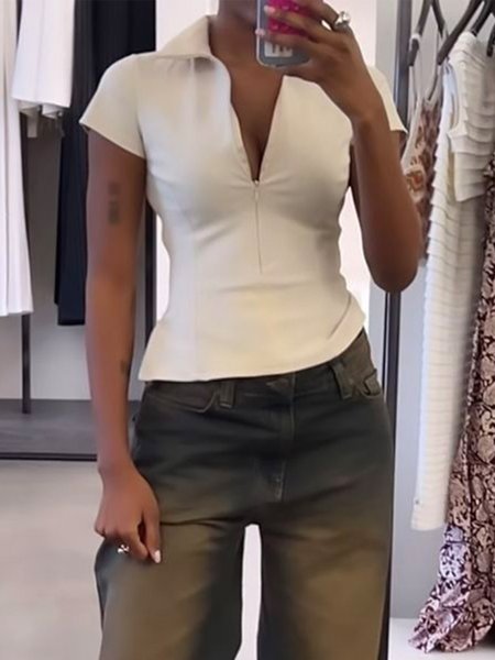 

Casual Plain Half Open Collar Tight T-Shirt, Off white, Tees