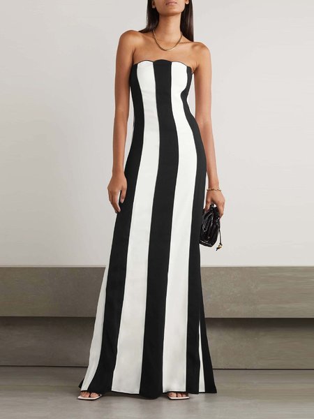 

Women Striped Strapless Sleeveless Comfy Sexy Maxi Dress, Black, Dinner dress