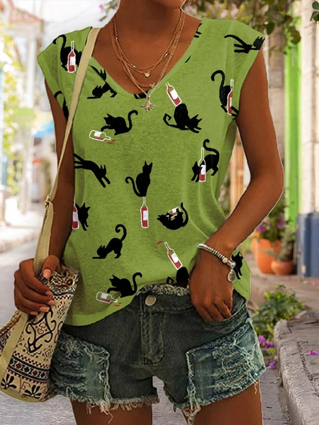 

Casual V Neck Cat Tank Top, Green, Tanks & Camis