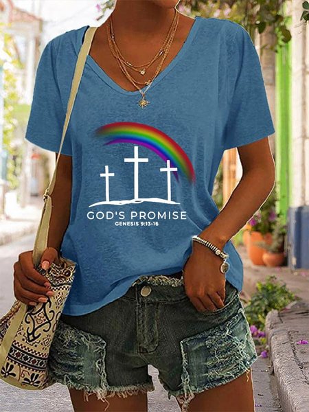 

Casual Letter Pattern V Neck Short Sleeve T-shirt, Blue, T-shirts