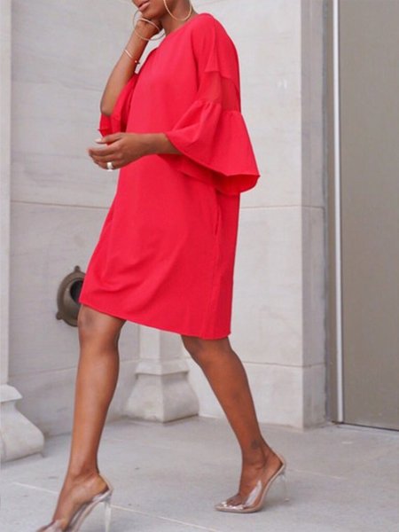 

Crew Neck Daily Urban Plain Loose Dress, Red, Mini Dresses