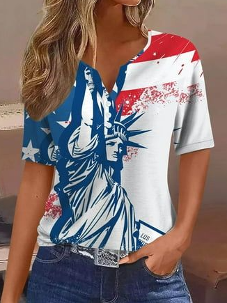 

Casual Flag Notched Short Sleeve T-shirt, Blue, T-shirts
