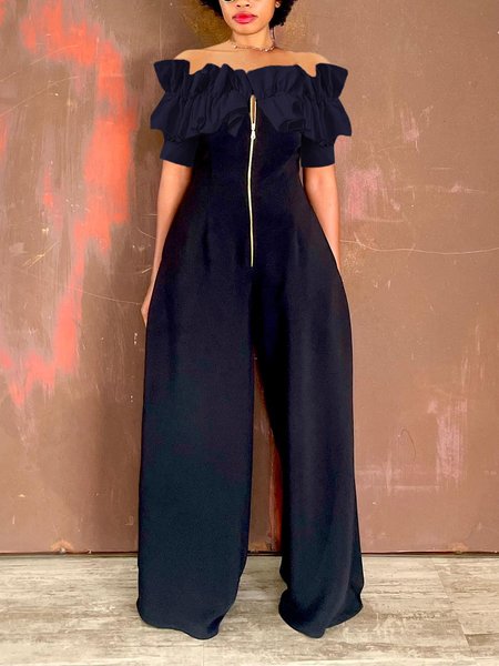 

Cold Shoulder Casual Ruffle Short Sleeve Jumpsuit, Black, Jumpsuits