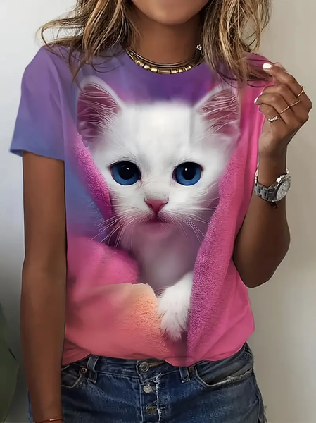 

Casual Cat Crew Neck Short Sleeve T-shirt, Multicolor, T-shirts