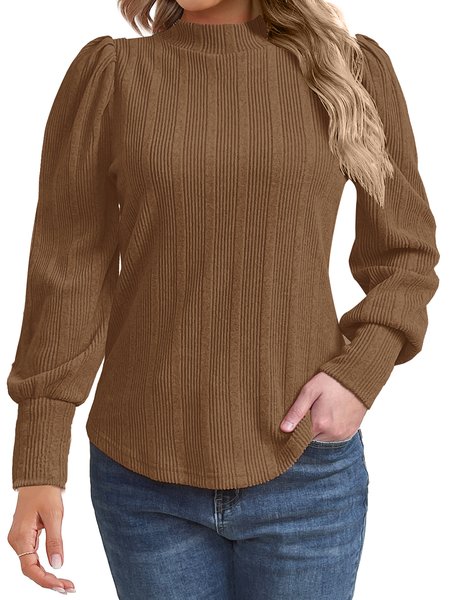 

Women's Long Sleeve Shirt Spring/Fall Yellow Brown Plain Mock Neck Puff Sleeve Daily Going Out Casual Top, Light brown, Blouses