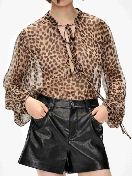 

V Neck Leopard Loose Urban Shirt, Brown, Blouses and Shirts