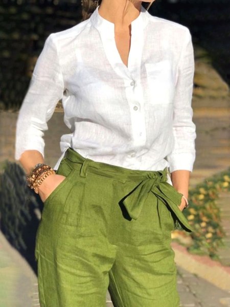 

Regular Fit Plain V Neck Casual Blouse, White, Blouses and Shirts