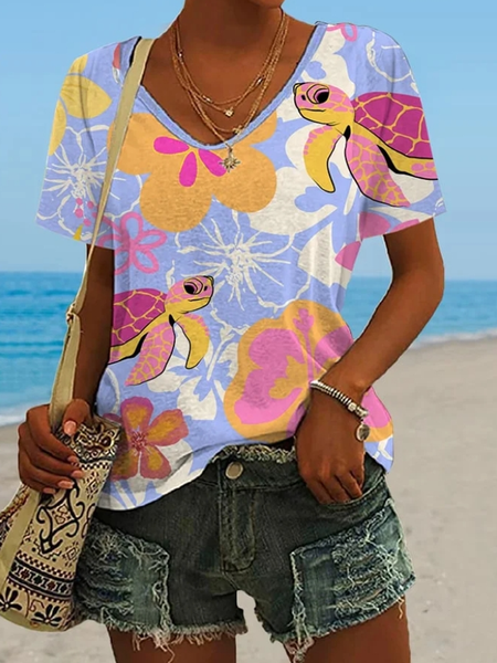 

Casual Floral V Neck Short Sleeve T-shirt, Multicolor, T-shirts