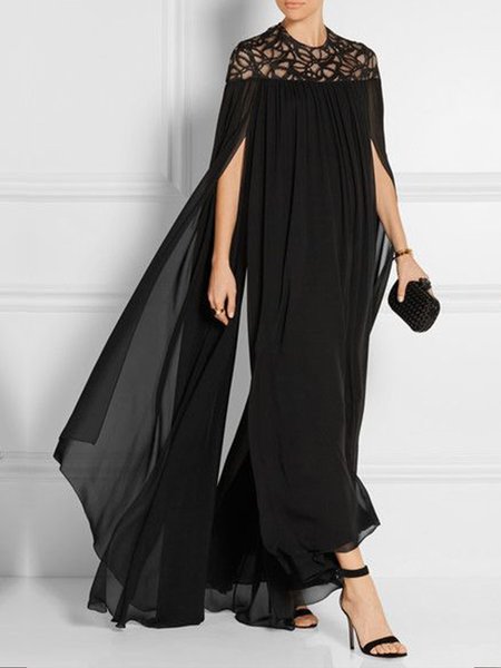 

Loose Elegant Crew Neck Lace Edge Plain Maxi Dress, Black, Maxi Dresses