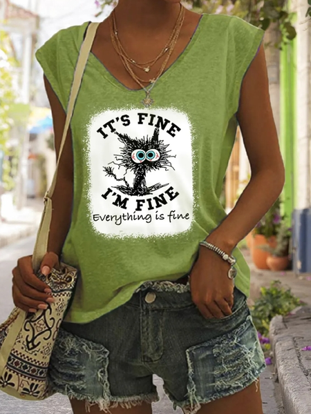 Casual V Neck Text Letters Tank Top, Green, Tanks & Camis