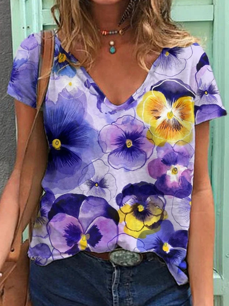 

Casual Floral V Neck Short Sleeve T-shirt, Purple, T-shirts