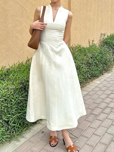 

Elegant Plain Regular Fit Sleeveless V Neck Maxi Dress, White, Maxi Dresses