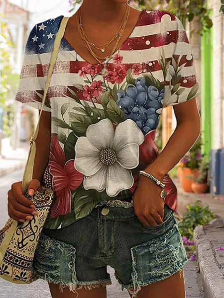 

Casual Floral V Neck Short Sleeve T-shirt, Multicolor, T-shirts