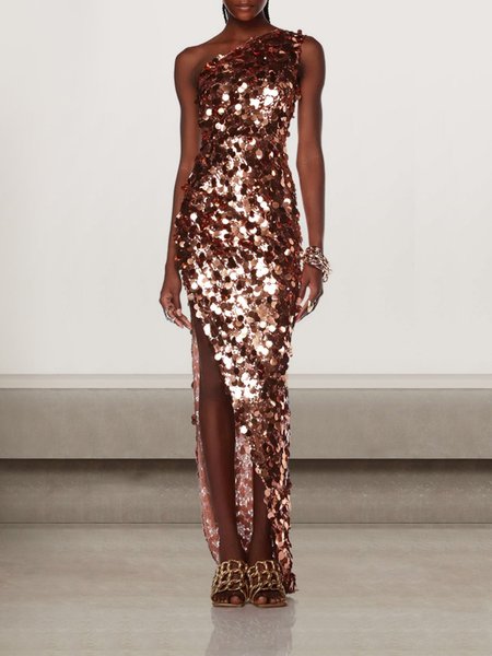 

Women Plain Strapless Sleeveless Comfy Sexy Maxi Dress, Golden, Dinner dress