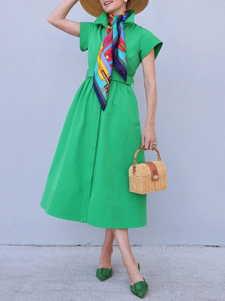 

Elegant Plain Regular Fit Shirt Dress With Belt, Green, Midi Dresses