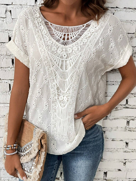 

Women's Short Sleeve Blouse Summer White Plain Lace Eyelet Crew Neck Daily Going Out Casual Top, Shirts & Blouses