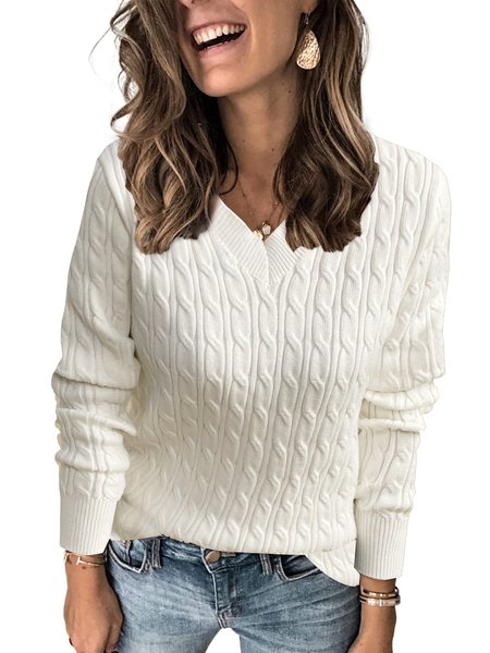 

Regular Sleeve Casual V Neck Loose Sweater, White, Sweaters
