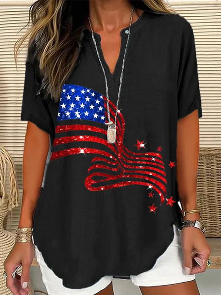

Notched Short Sleeve Independence Day (Flag) Regular Loose Shirt For Women, Black, Blouses