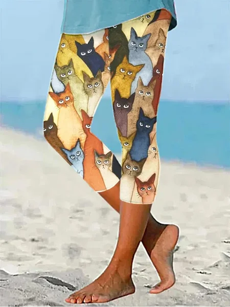 

Casual Cat Capris Leggings, Multicolor, Leggings