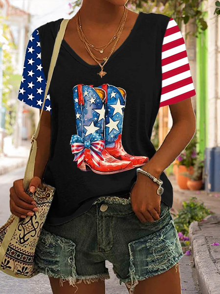 

Casual Independence Day (Flag) V Neck Short Sleeve T-shirt, Black, T-shirts