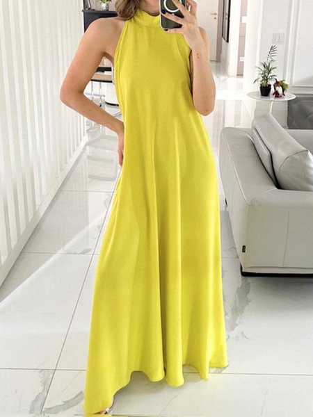 

Regular Fit Urban Plain Halter Dress, Yellow, Maxi Dresses