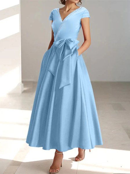 

Women's Summer V Neck Light Blue Long Wedding Guest Formal Dress With Bow, Dresses