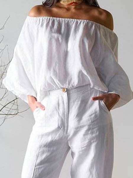 

Plain Loose Urban Off The Shoulder Shirt, White, Blouses and Shirts