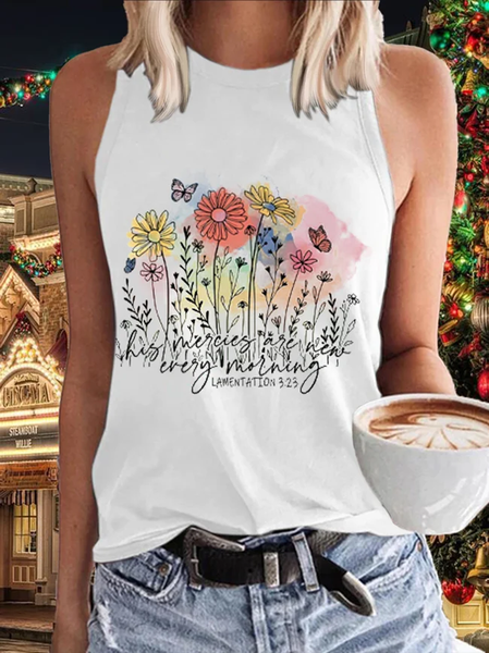 

Casual Crew Neck Floral Tank Top, White, Tanks & Camis