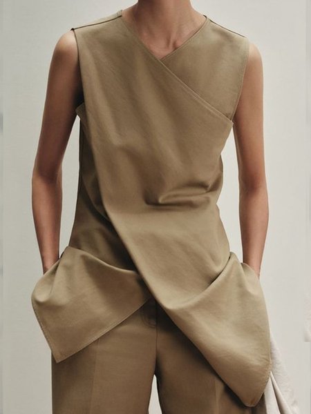

Casual Cross Sleeveless Plain Shirt, Light khaki, Blouses and Shirts