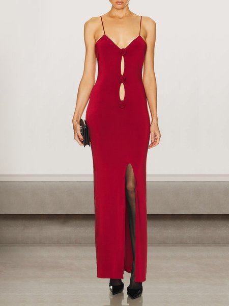 

Women Plain V Neck Sleeveless Comfy Sexy Maxi Dress, Red, Dinner dress
