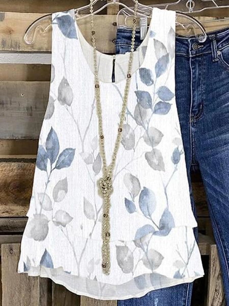 

Casual Crew Neck Leaf Tank Top, White, Tanks & Camis