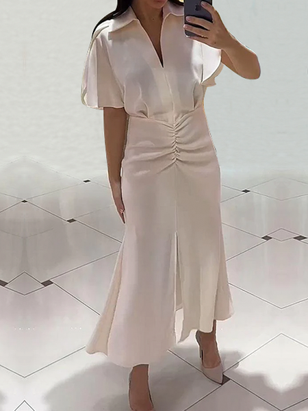 

Shirt Collar Regular Fit Short Sleeve Elegant Plain Maxi Dress, Apricot, Maxi Dresses