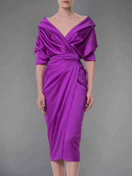 

Ruched Satin Plain Elegant V Neck Half Sleeve Dress, Purple, Midi Dresses