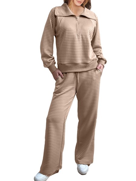 

Women's Plain Daily Going Out Two-Piece Set Light Khaki Casual Spring/Fall Top With Pants Matching Set, Suit Set