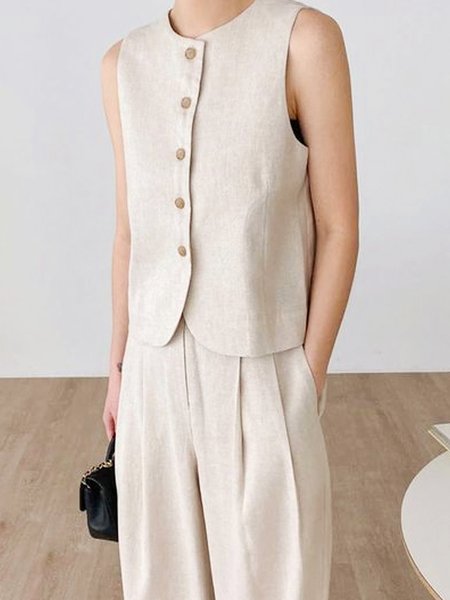 

Casual Plain Crew Neck Loose Vest, Apricot, Vests and Gilets