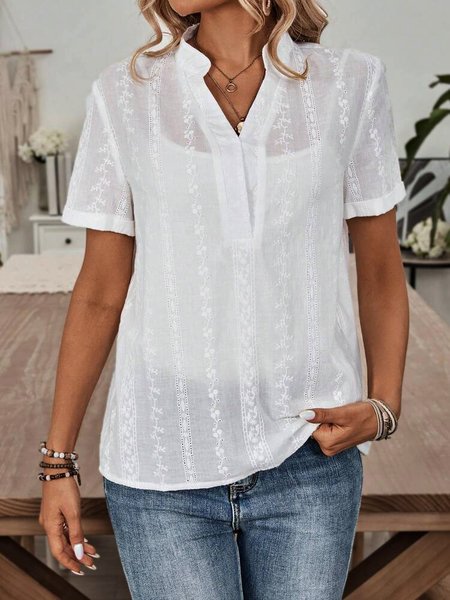 

Vacation Plain Loose Notched Blouse, White, Blouses & Shirts