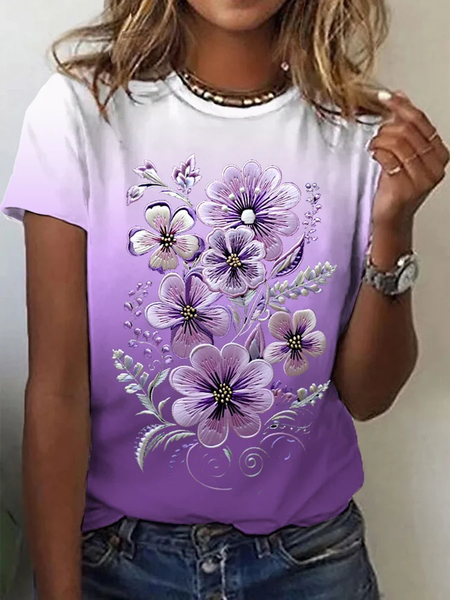 

Casual Floral Crew Neck Short Sleeve T-shirt, Purple, T-shirts