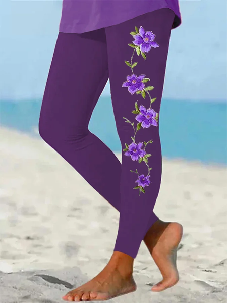 

Casual Floral Capris Leggings, Purple, Leggings