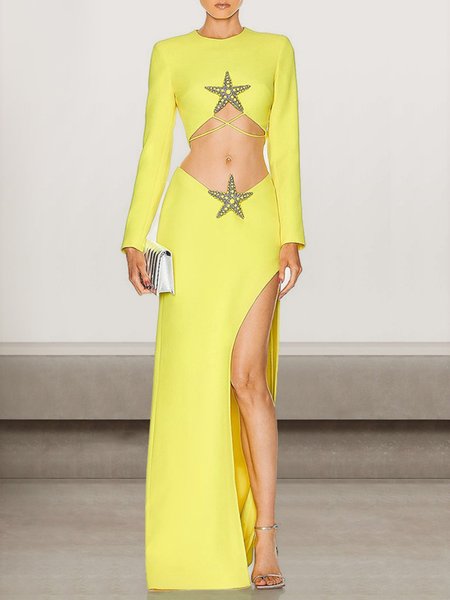 Women Plain Crew Neck Long Sleeve Comfy Sexy Maxi Dress, Yellow, Dinner dress