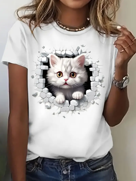 

Casual Cat Crew Neck Short Sleeve T-shirt, White, T-shirts