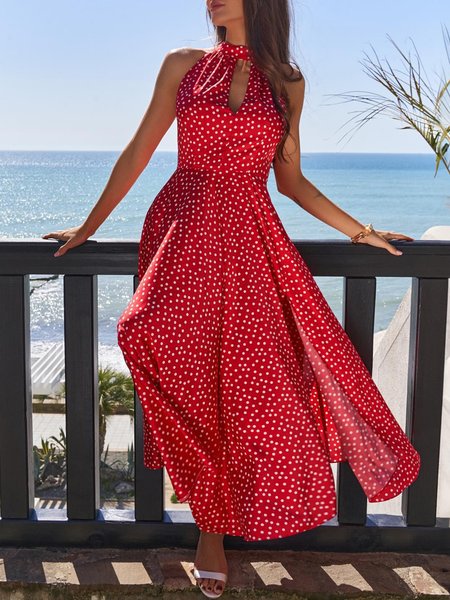 

Vacation Regular Fit Polka Dots Long Dress, Red, Maxi Dresses