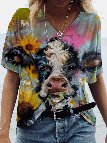 

Casual Cow Pattern V Neck Short Sleeve T-shirt, Multicolor, T-shirts