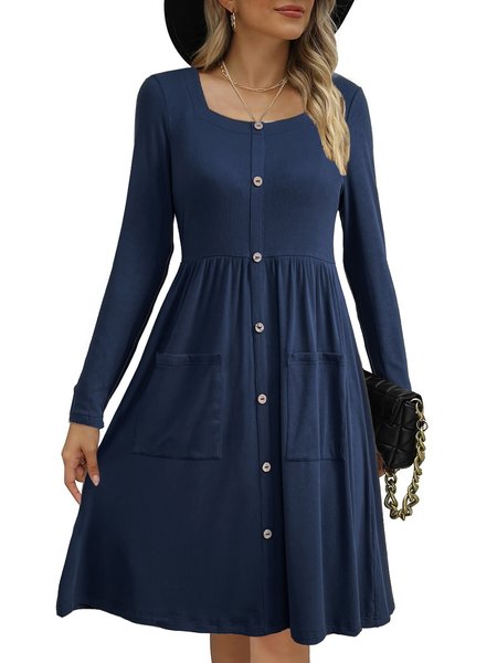 

Women's Long Sleeve Summer Deep Blue Plain Square Neck Daily Going Out Casual Knee Length A-Line Dress, Dresses