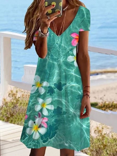 

Women Ocean Pattern V Neck Short Sleeve Comfy Casual Mini Dress, Green, Dresses
