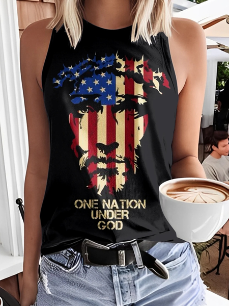 

Casual Face Crew Neck Sleeveless T-shirt, Black, T-shirts