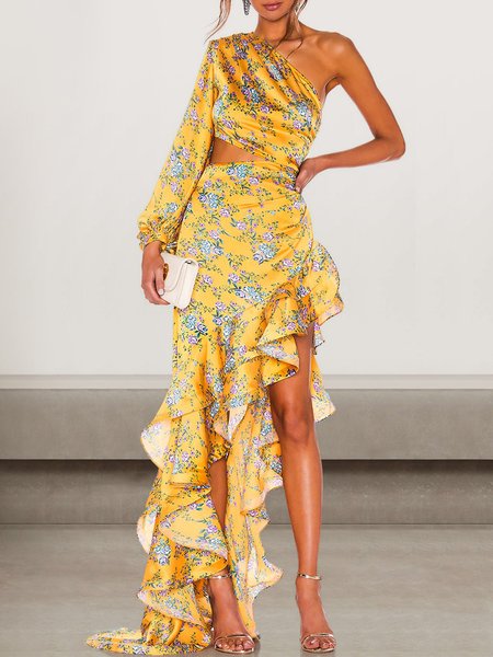 

Women Floral One Shoulder Sleeveless Comfy Sexy Maxi Dress, Golden, Dinner dress