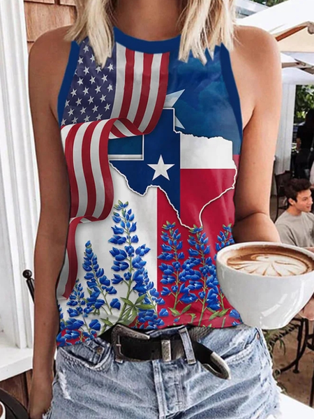 

Casual Crew Neck Floral Tank Top, Blue, Tanks & Camis