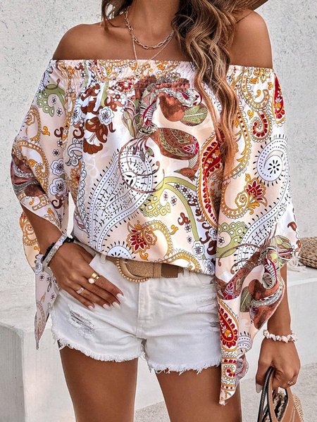 

Vacation Off The Shoulder Loose Paisley Shirt, As picture, Blouses and Shirts